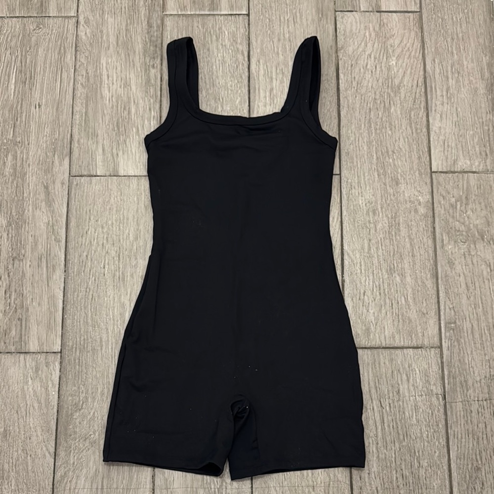 Black Bodysuit with Square Neckline and Athletic Fit